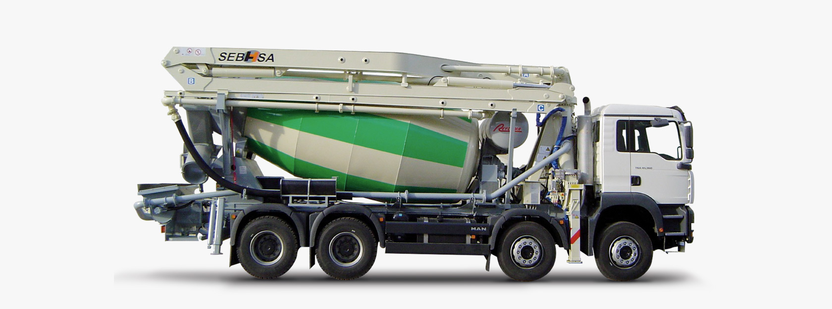 SEBHSA concrete pump with drum mixer on truck is the ideal solution for construction and civil engineering.